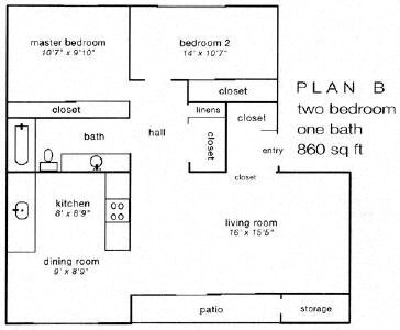 Floor plan for 2 beds, 1 bath, 860 sqft